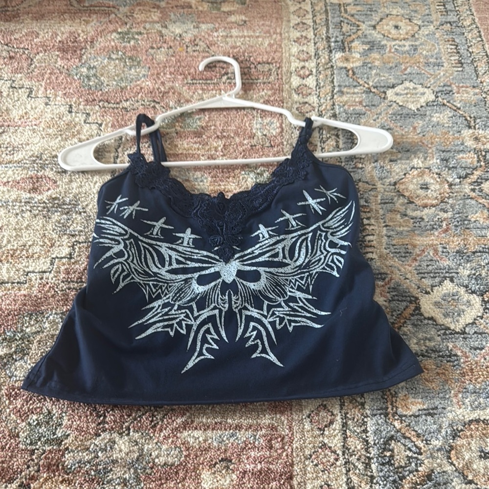 Women's Navy Blue Lace Trim Top
